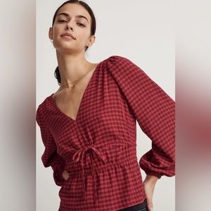 MADEWELL Red Plaid Crinkled V-Neck Peplum Top Sz M